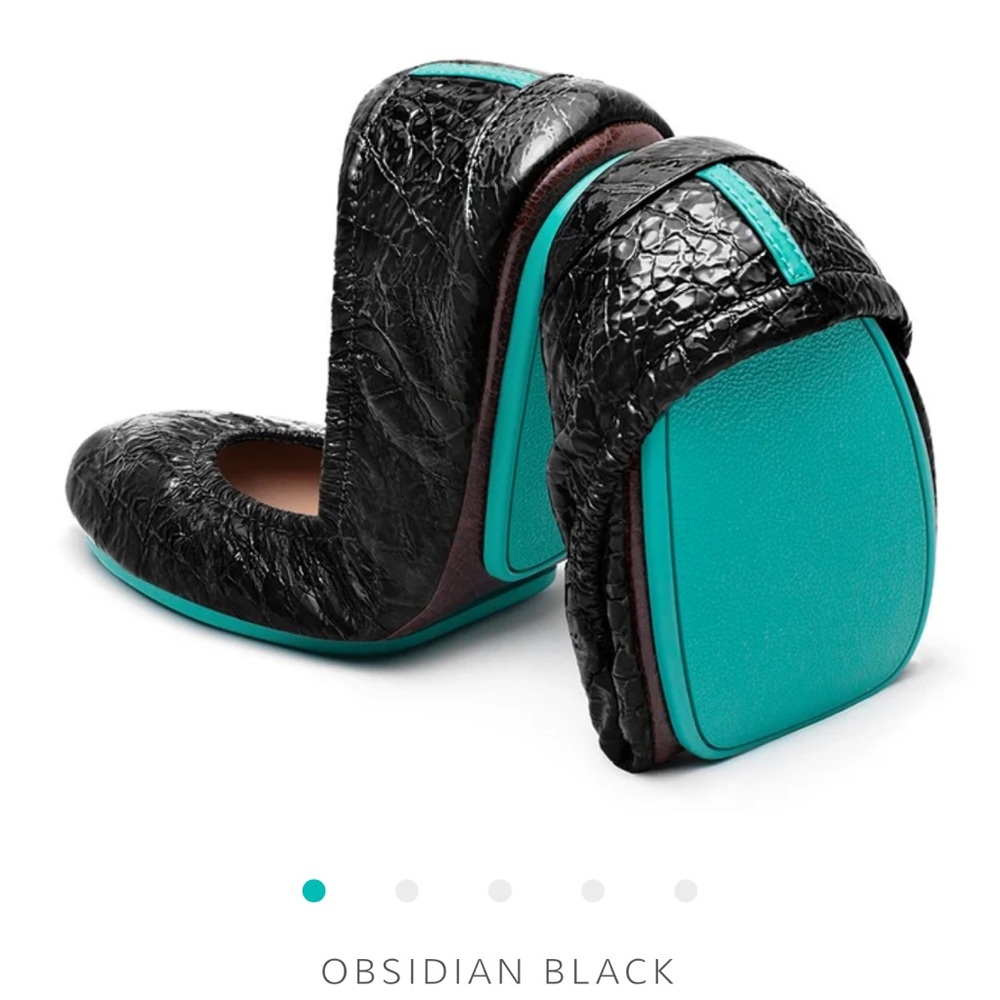 Tieks Obsidian Black with Teal Soles Foldable Ballet Flats
